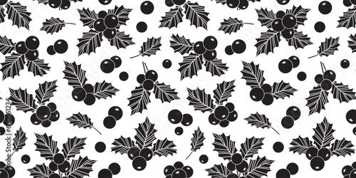 Christmas mistletoe seamless pattern, holly berry and leaf background, black and white ilex branch, xmas plant print. Christmas ornate. Cartoon holiday illustration