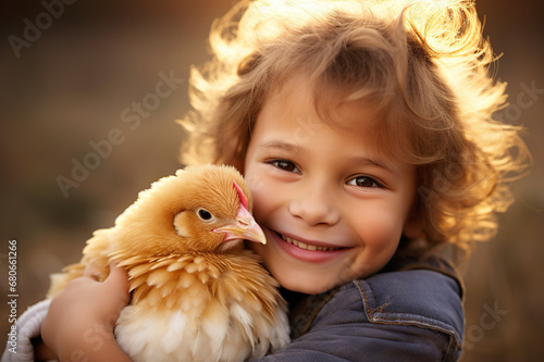 Heartwarming Bond A Small Child Expressing Love by Hugging a Gentle Chicken on a Livestock Farm. created with Generative AI