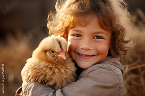 Heartwarming Bond A Small Child Expressing Love by Hugging a Gentle Chicken on a Livestock Farm. created with Generative AI