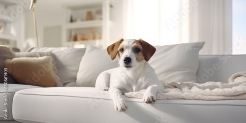 A cute puppy dog is resting on a white sofa © graficzka101