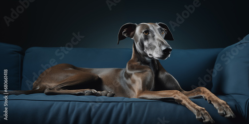 A refined Doberman dog is resting on a blue velvet sofa  photo