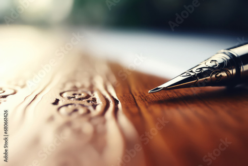 A vintage pen and a stack of aged paper on an antique wooden desk, evoking a sense of nostalgia and timeless charm. The pen's nib is delicately placed on the paper, as if mid-thought, capturing the es photo