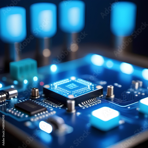 Close up of computer circuit board or electric appliances with exposed processor with soft blue hues