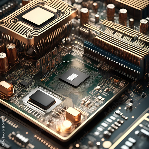 close up of  futuristic circuit board used in quantum computers for processing