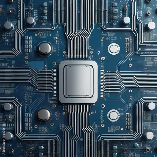 Computer motherboard with CPU. Circuit board system chip with core processor. Computer technology background