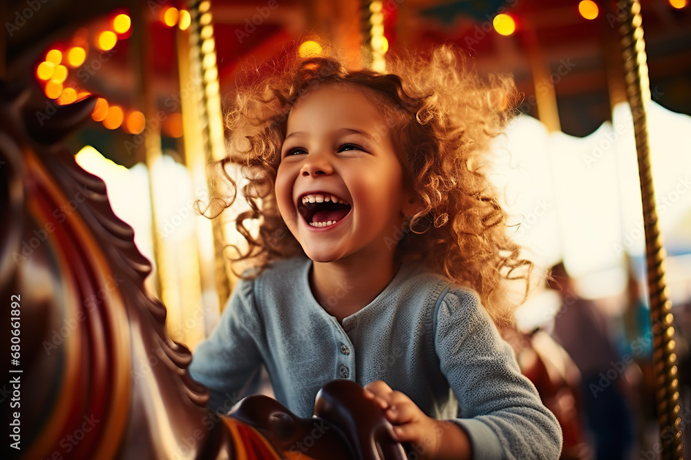 Obraz premium Joyful Carousel Delight A Happy Young Girl Revels in Excitement on a Colorful Merry-Go-Round at the Amusement Park. created with Generative AI