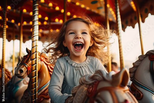 Joyful Carousel Delight A Happy Young Girl Revels in Excitement on a Colorful Merry-Go-Round at the Amusement Park. created with Generative AI © photobuay