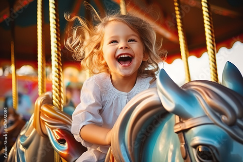 Joyful Carousel Delight A Happy Young Girl Revels in Excitement on a Colorful Merry-Go-Round at the Amusement Park. created with Generative AI
