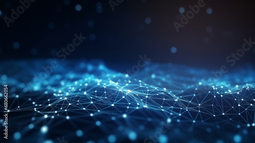 Abstract technology background with a cyber network grid and connected particles. Artificial neurons, global data connections © vannet
