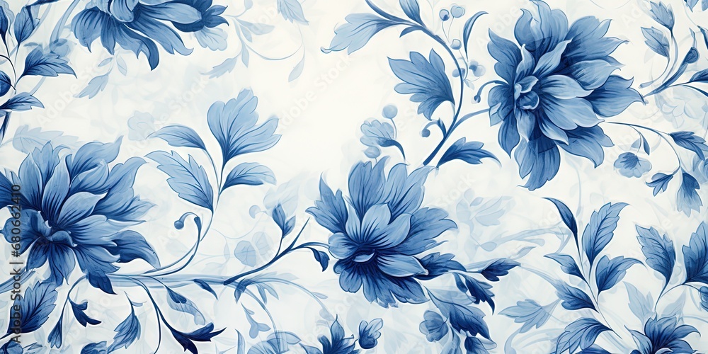 Cyanotype abstract blue and white flowers. Seamless floral pattern texture on a plain cyan background. Great as vectors, wallpaper or background. Generative AI, AI