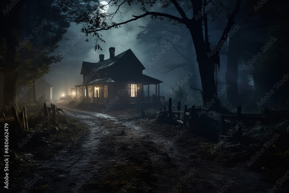 creepy old house at night in the forest, generative ai creepy old house at night in the forest, generative ai