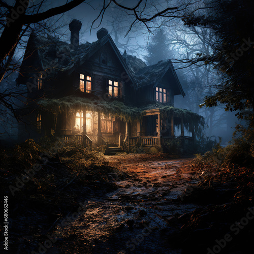 creepy old house at night in the forest, generative ai © vvalentine