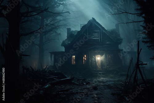 creepy old house at night in the forest, generative ai