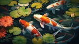 Koi fish swimming in pond with lily pads