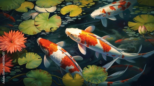 Koi fish swimming in pond with lily pads