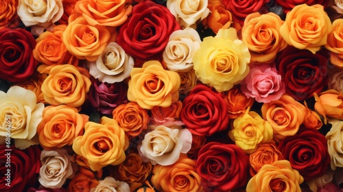 Multicolored Flower Background. Floral Wallpaper with Yellow  Orange and Red Roses