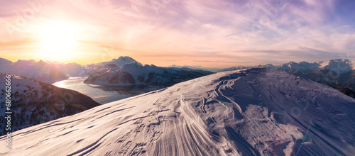 Winter Landscape in Canadian Mountain Landscape. Colorful Sunrise. photo