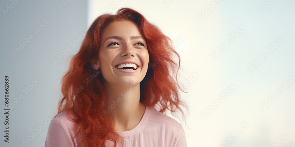Woman face red hair. Close up of happy attractive young woman with long way red hair and freckles wears stylish t shirts looks happy and smiling illustration Ai. Woman face red hair. Close up of happy attractive young woman with long way red hair and freckles wears stylish t shirts looks happy and smiling illustration Ai.