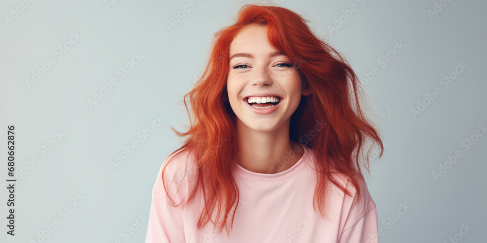 Woman face red hair. Close up of happy attractive young woman with long way red hair and freckles wears stylish t shirts looks happy and smiling illustration Ai. Woman face red hair. Close up of happy attractive young woman with long way red hair and freckles wears stylish t shirts looks happy and smiling illustration Ai.