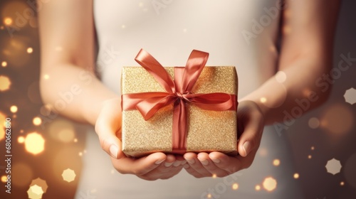 Woman hands holding present gift box decorated golden ribbon on light background with gold bokeh. Top view © vannet