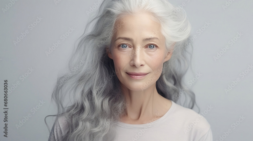 Old women face. Women's faces. Healthy Mature old lady close up portrait  woman with grey hair smiling. Healthy face skin care beauty, skincare cosmetics, senior model.Ai illustration, copy space.