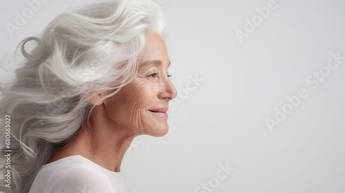 Old women face. Women's faces. Healthy Mature old lady close up portrait  woman with grey hair smiling. Healthy face skin care beauty, skincare cosmetics, senior model.Ai illustration, copy space.