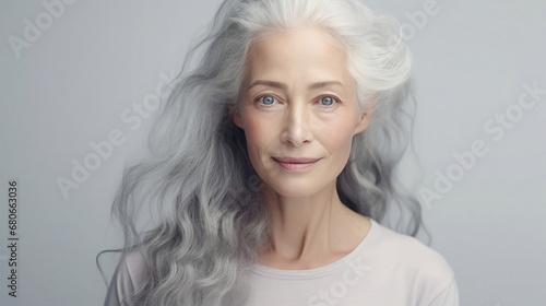 Old women face. Women's faces. Healthy Mature old lady close up portrait woman with grey hair smiling. Healthy face skin care beauty, skincare cosmetics, senior model.Ai illustration, copy space.
