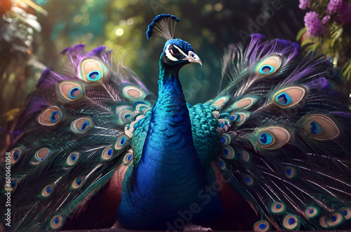 Beautiful peacock in the flower garden, colorful wild bird as in fairy tale, majestic creature with feathers fanned, spread out.