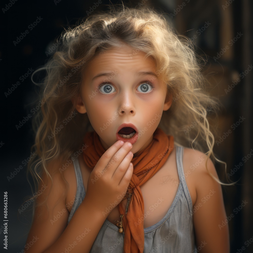 A young girl, filled with sweetness, conceals her mouth in astonishment. A young girl, filled with sweetness, conceals her mouth in astonishment.