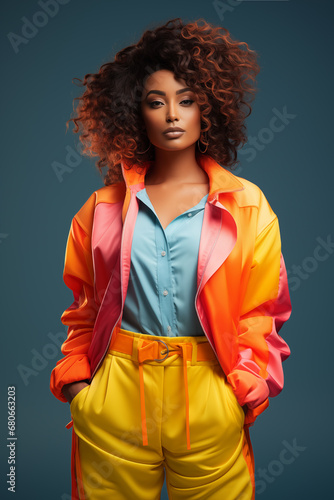 fashionable portrait of woman in trendy clothes , neon light on background, ai generated