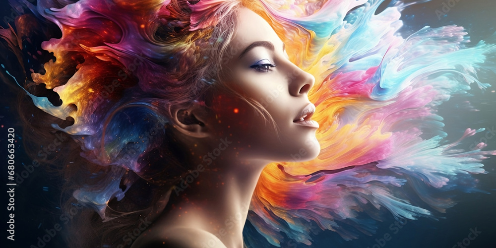  Woman face  Abstract painting  woman face multi colored  wallpaper.Creative background with stylish woman. Fashion portrait horizontal copy space. Ai.  