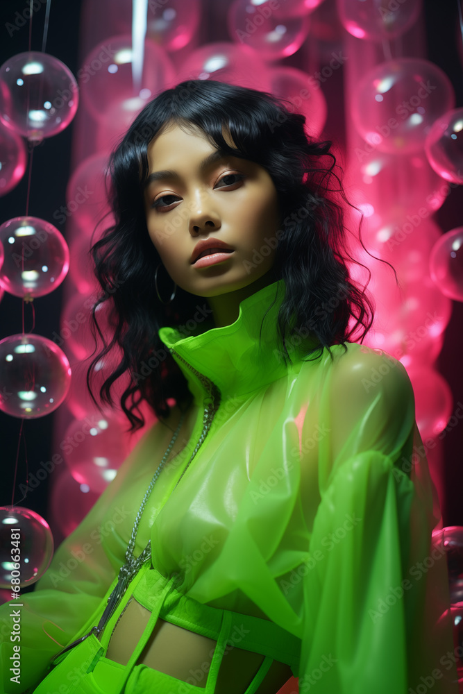 fashionable portrait of woman in trendy clothes , neon light on background, ai generated fashionable portrait of woman in trendy clothes , neon light on background, ai generated