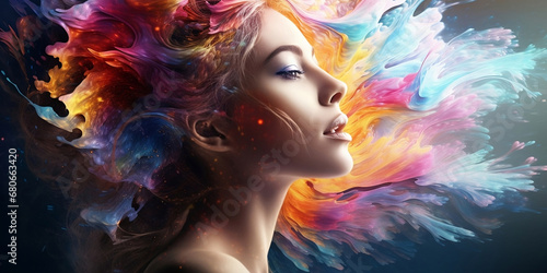  Woman face Abstract painting woman face multi colored wallpaper.Creative background with stylish woman. Fashion portrait horizontal copy space. Ai. 