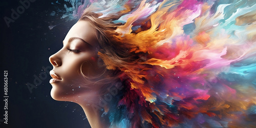  Woman face  Abstract painting  woman face multi colored  wallpaper.Creative background with stylish woman. Fashion portrait horizontal copy space. Ai.  