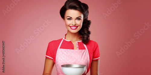 Beautiful woman in the kitchen. Woman cooking.  Portrait of a woman isolated on pastel background. Women faces. Model woman lady close up portrait. photo