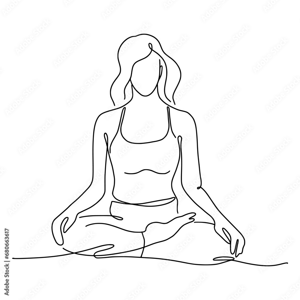 The girl is sitting in the lotus position, doing yoga. Vector illustration hand-drawn in the style of a doodle. The girl is sitting in the lotus position, doing yoga. Vector illustration hand-drawn in the style of a doodle.