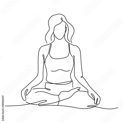 The girl is sitting in the lotus position, doing yoga. Vector illustration hand-drawn in the style of a doodle.