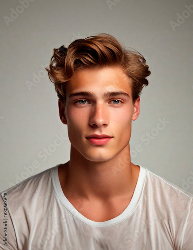 Young man model in studio portrait, attractive perfect face. Advertising, ad, advert. Blond, flawless skin. Beauty, skincare, wellness, underwear, fashion, hairdresser. Isolated in plain background.