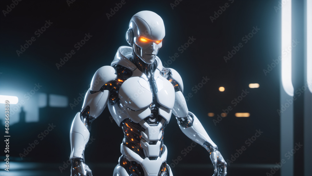 Futuristic humanoid robot in a sci-fi setting.