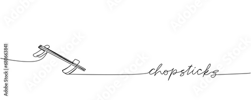 Japanese chopsticks on a stand, Holder, wooden, bamboo one line art. Continuous line drawing of sushi, japanese, culture, tasty, restaurant, japan, menu with inscription, lettering, handwritten.
