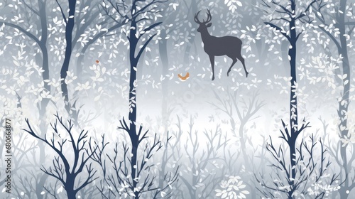  a deer standing in the middle of a forest next to a forest filled with lots of trees and a bird flying in the air next to the tree s leaves.