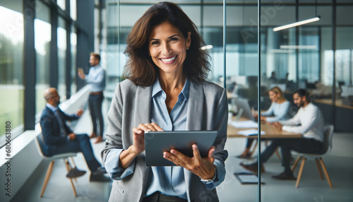 Happy Hispanic executive browses tablet in well-lit corporate office with collaborating colleagues behind glass walls.