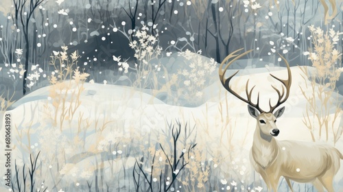  a painting of a deer standing in a snowy forest with snow falling on the ground and trees and bushes in the foreground, with snow falling on the ground.
