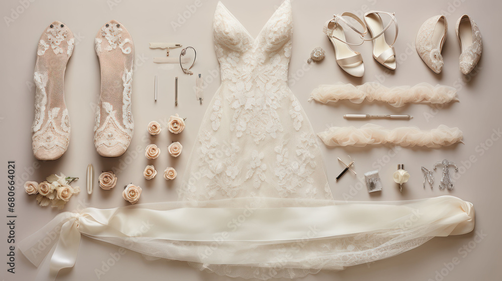 a bride's wedding dress, shoes, and accessories laid out on a table with the bride's dress and shoes laid out on top of the table. a bride's wedding dress, shoes, and accessories laid out on a table with the bride's dress and shoes laid out on top of the table.