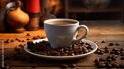 Close-up of a steaming cup of espresso on surrounded by roasted coffee beans