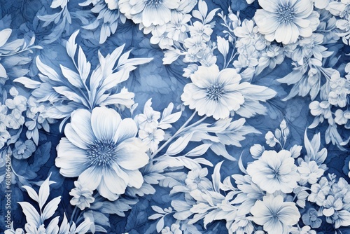 Cyanotype abstract blue and white flowers. Seamless floral pattern texture on a plain cyan background. Great as vectors, wallpaper or background. Generative AI, AI