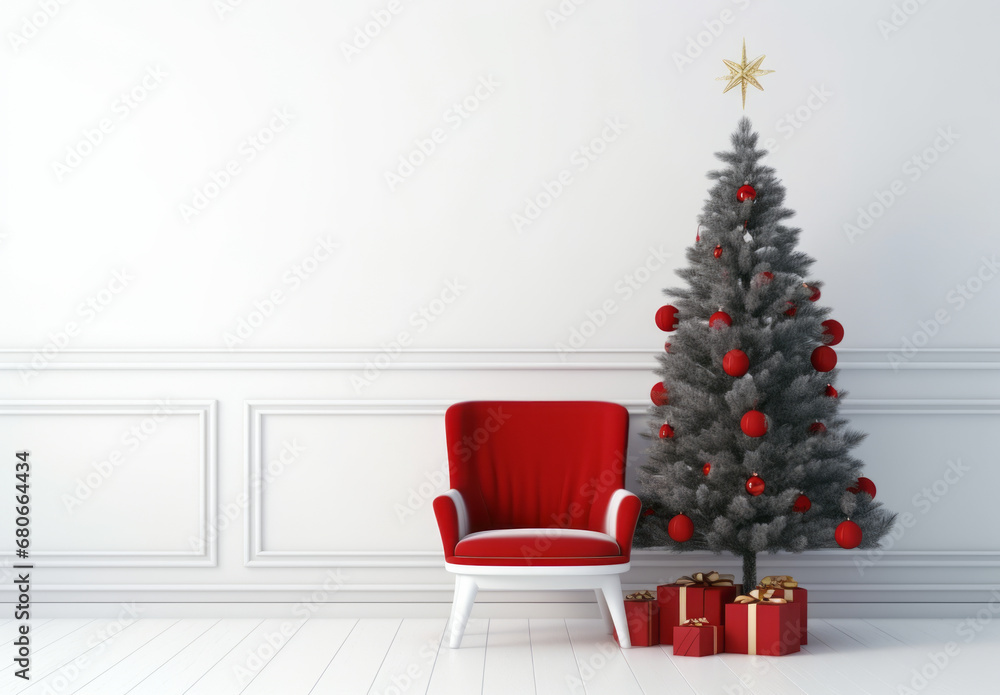 Chair red with Christmas tree and Christmas presents beside a white wall. New Year and holiday concept. Copy space. Chair red with Christmas tree and Christmas presents beside a white wall. New Year and holiday concept. Copy space.