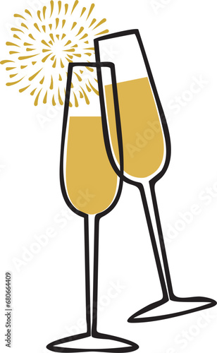 champagne glass and bottle. line doodle art. new year, christmas