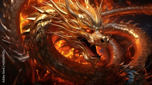  a golden dragon with it's mouth open in front of a flamey background with a dragon's head in the middle of the foreground of the image. photo