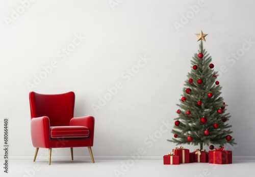 Chair red with Christmas tree and Christmas presents beside a white wall. New Year and holiday concept. Copy space.